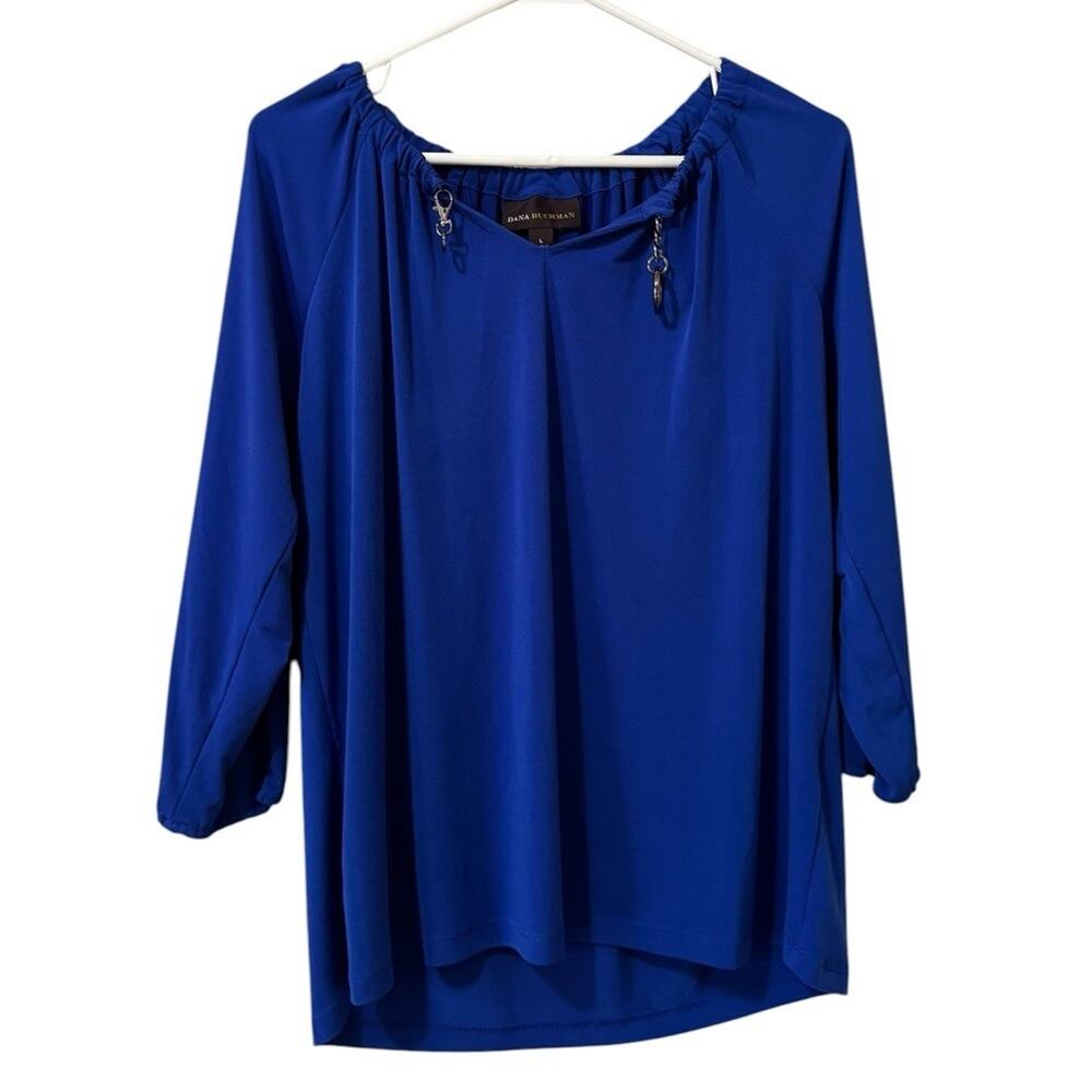 Dana Buchman‎ Women Size Large Blouse 3/4 Sleeve Stretch Blue V Neck Lightweight